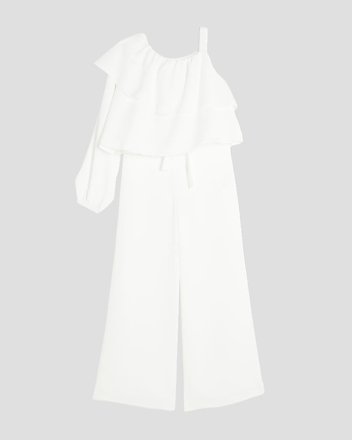Girls White Ruffle Top And Trousers Set