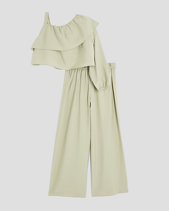 Girls Khaki Ruffle Top And Trousers Set