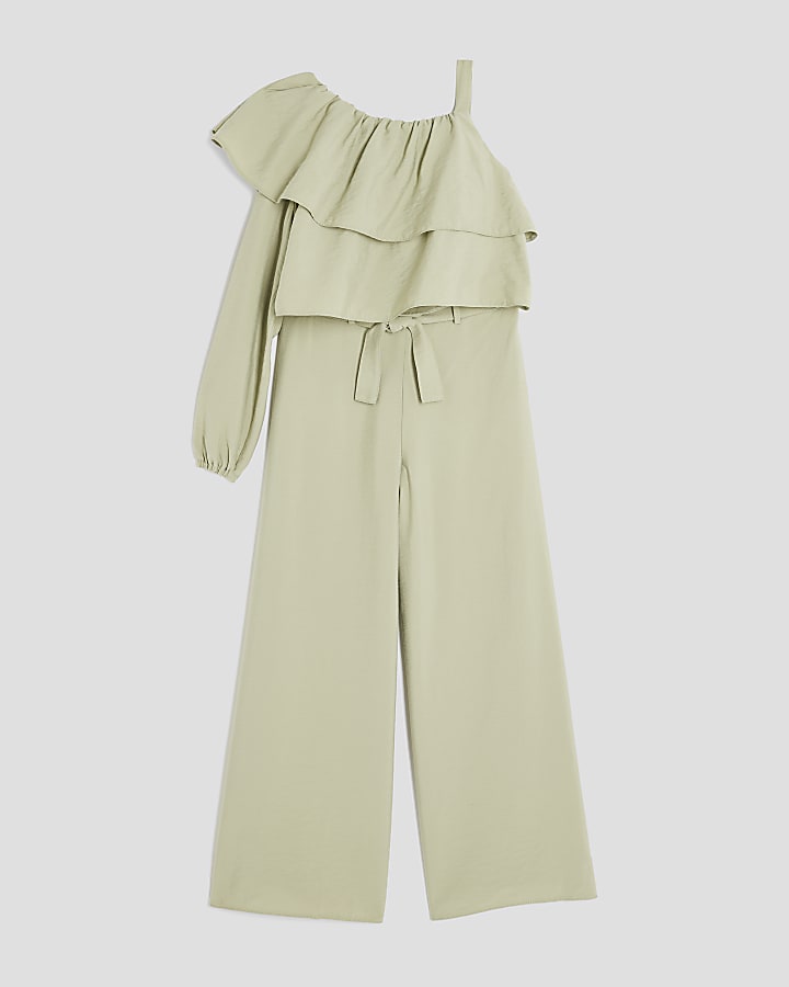 Girls Khaki Ruffle Top And Trousers Set