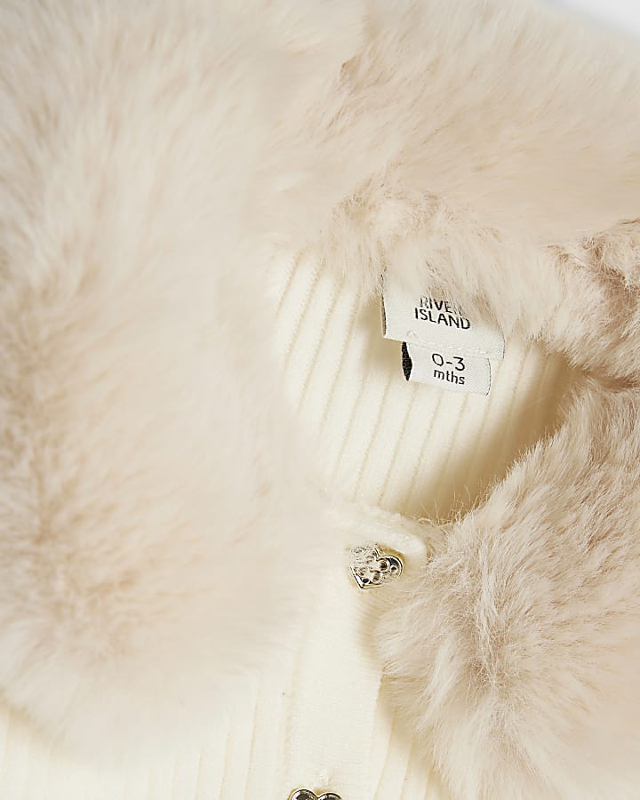 Baby Girls Beige Faux Fur Collar Cardigan Set