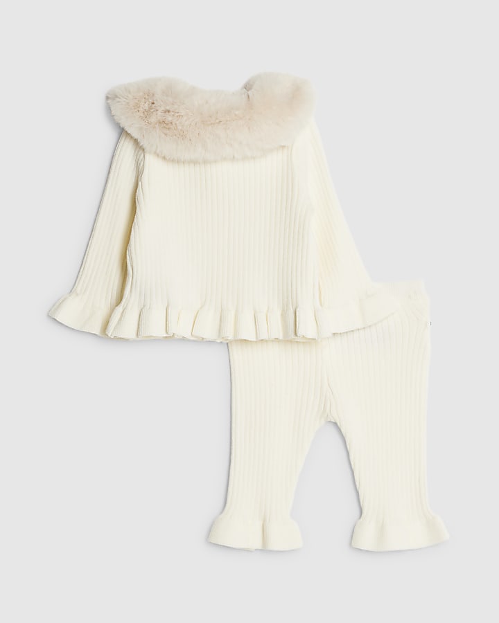 Baby Girls Beige Faux Fur Collar Cardigan Set