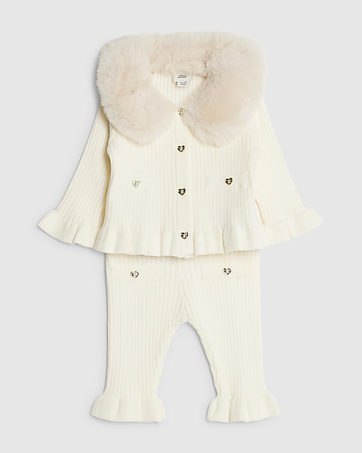 Baby Girls Beige Faux Fur Collar Cardigan Set