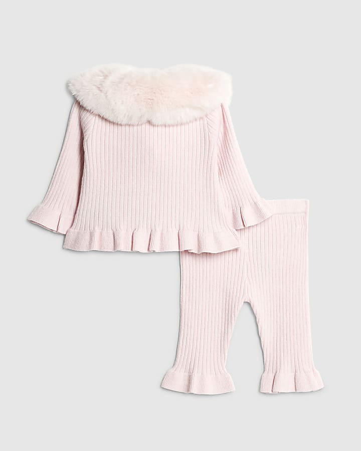 Baby Girls Pink Fur Collared Cardigan Set