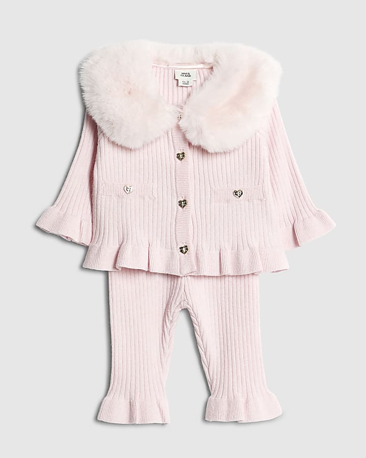 Baby Girls Pink Fur Collared Cardigan Set