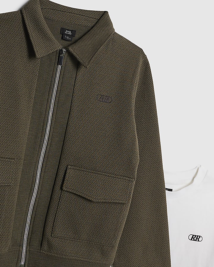 Boys Khaki Textured Jacket 3 Piece Set