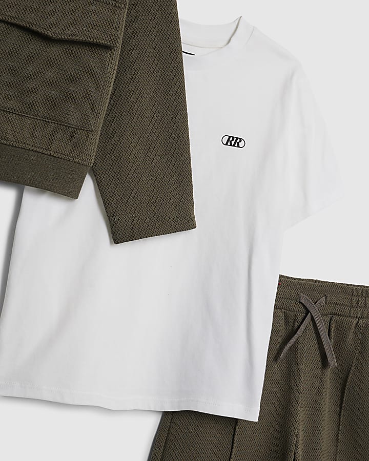 Boys Khaki Textured Jacket 3 Piece Set
