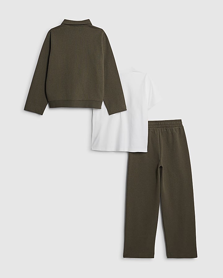 Boys Khaki Textured Jacket 3 Piece Set