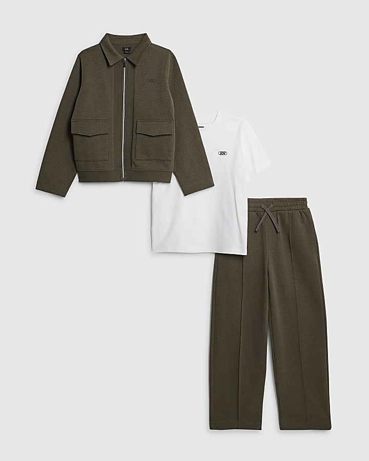 Boys Khaki Textured Jacket 3 Piece Set