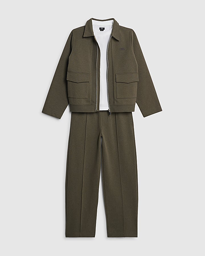 Boys Khaki Textured Jacket 3 Piece Set