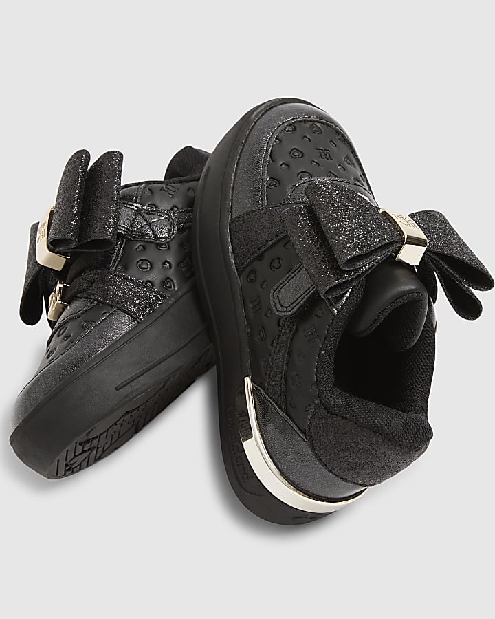 Mini Girls Black Bow Glitter Trainers