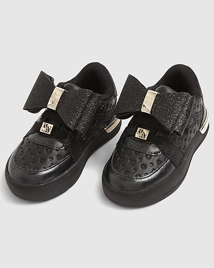 Mini Girls Black Bow Glitter Trainers
