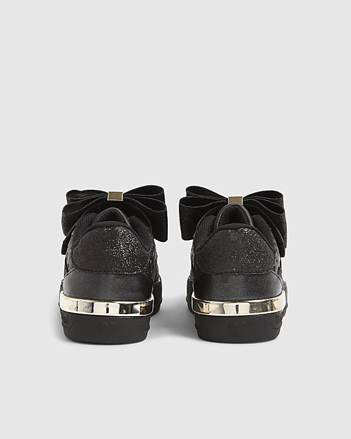 Mini Girls Black Bow Glitter Trainers