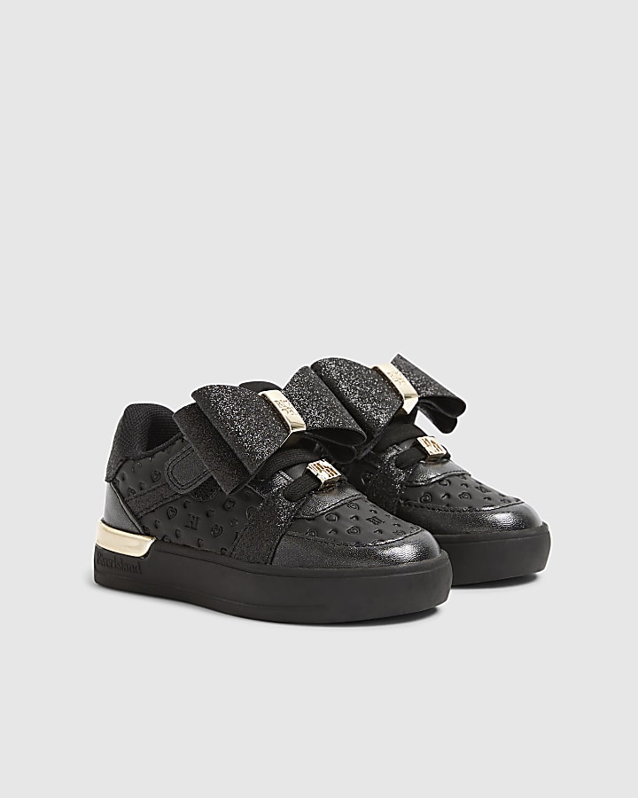 Mini Girls Black Bow Glitter Trainers