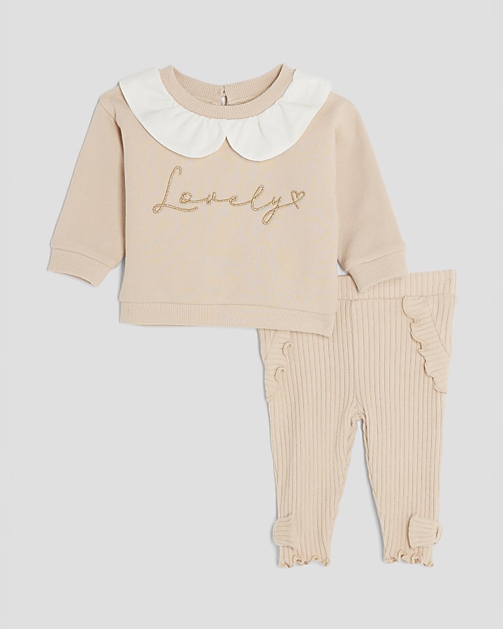 Baby Girls Beige Collared Sweatshirt Set