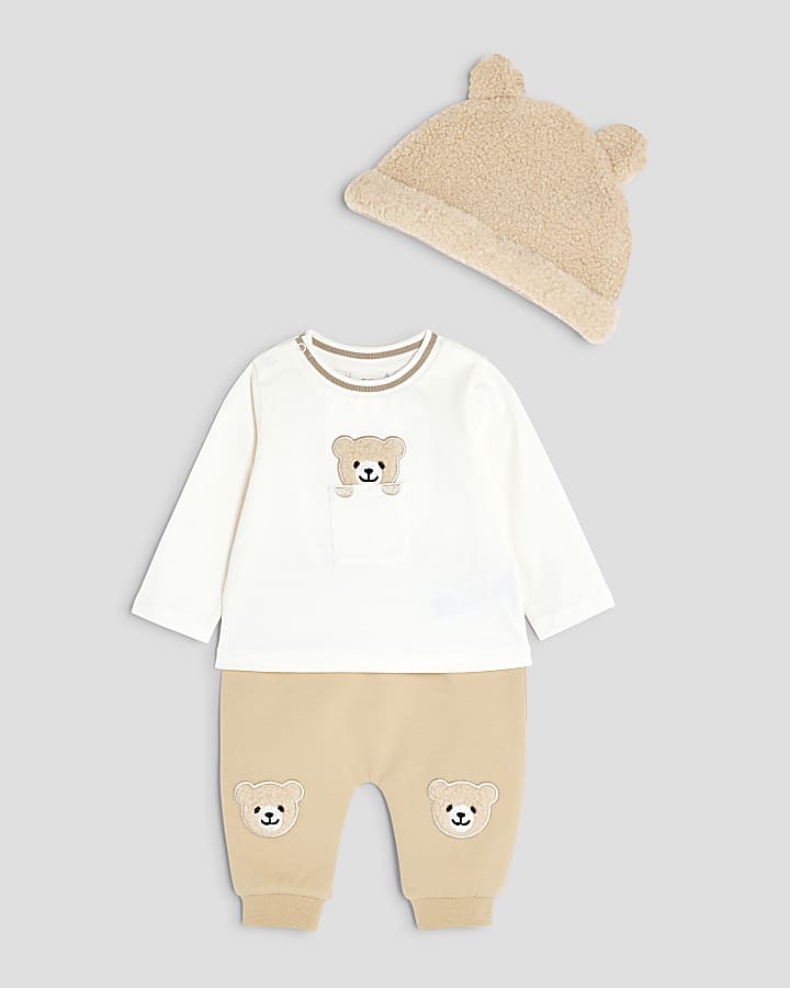 Baby Boys Beige Borg Bear Hat Set