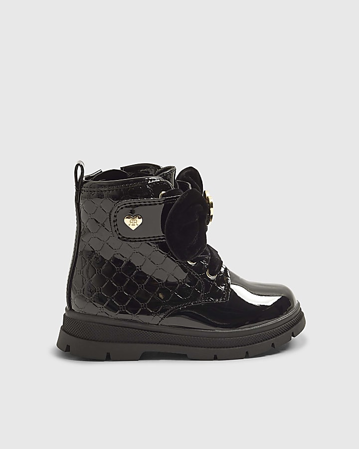 Mini Girls Black Patent Monogram Boots