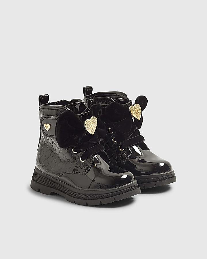 Mini Girls Black Patent Monogram Boots