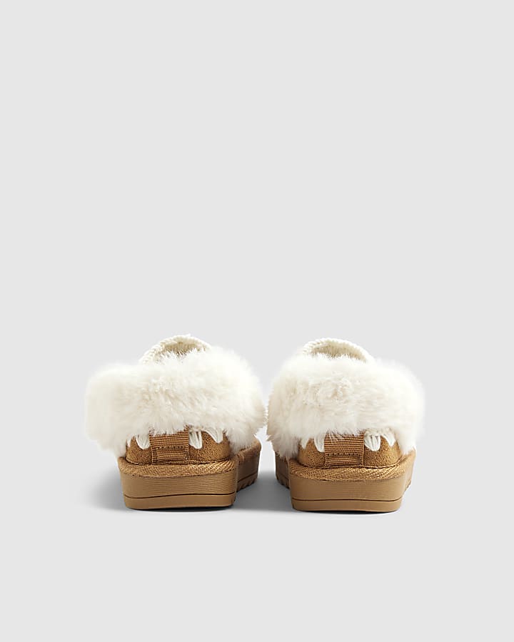 Mini Girls Beige Faux Fur Trim Strap Slippers