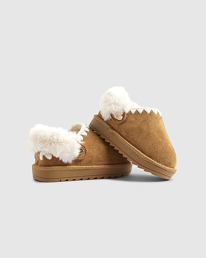 Mini Girls Beige Faux Fur Trim Strap Slippers