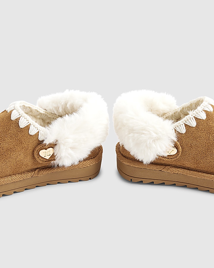 Mini Girls Beige Faux Fur Trim Strap Slippers