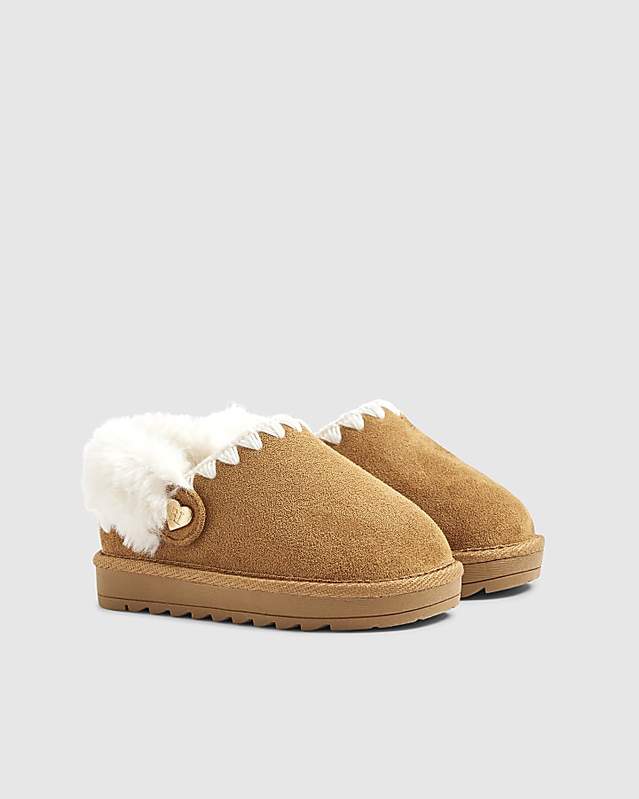 Mini Girls Beige Faux Fur Trim Strap Slippers