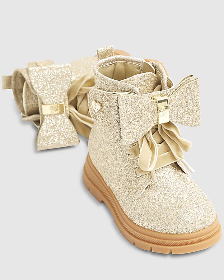 Mini Girls Gold Glitter Lace Up Boots