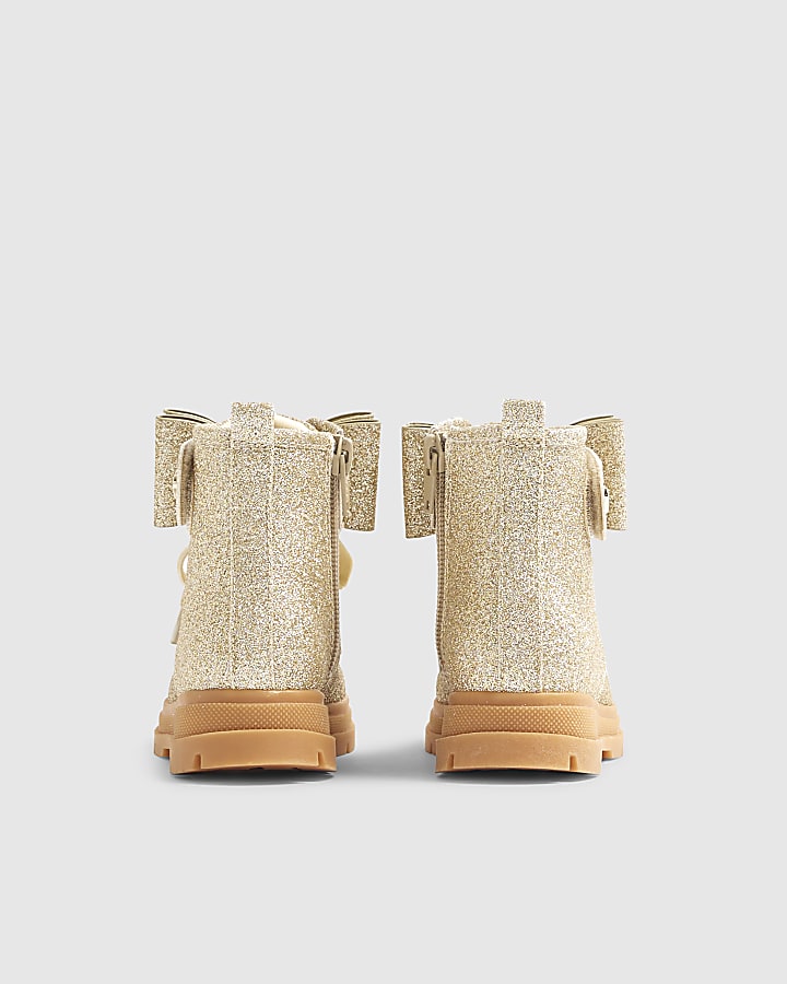 Mini Girls Gold Glitter Lace Up Boots
