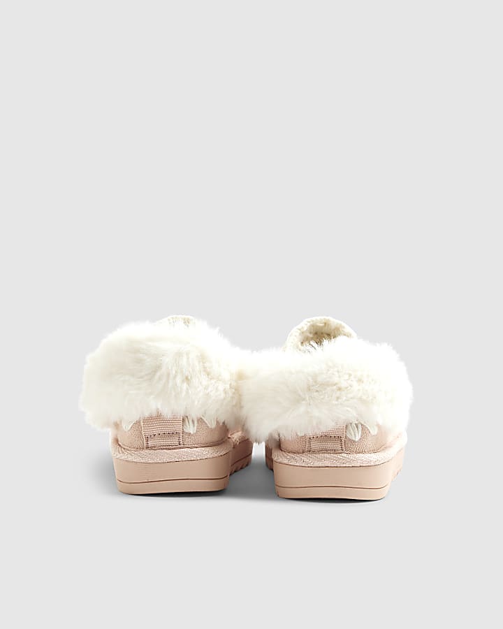 Mini Girls Pink Faux Fur Trim Strap Slippers