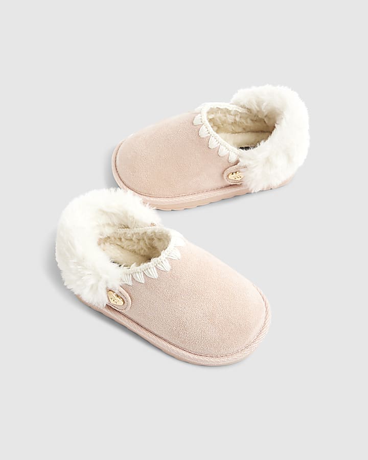 Mini Girls Pink Faux Fur Trim Strap Slippers