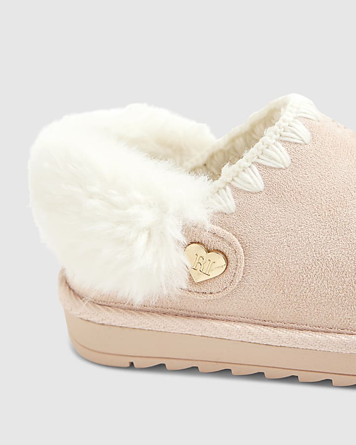 Mini Girls Pink Faux Fur Trim Strap Slippers
