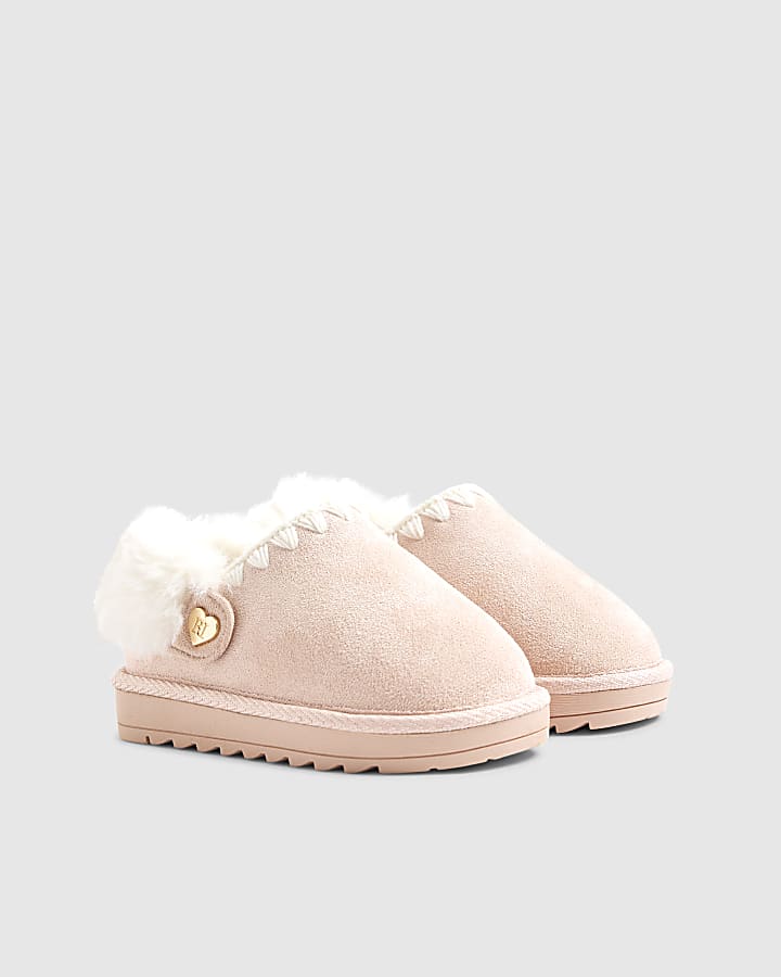 Mini Girls Pink Faux Fur Trim Strap Slippers