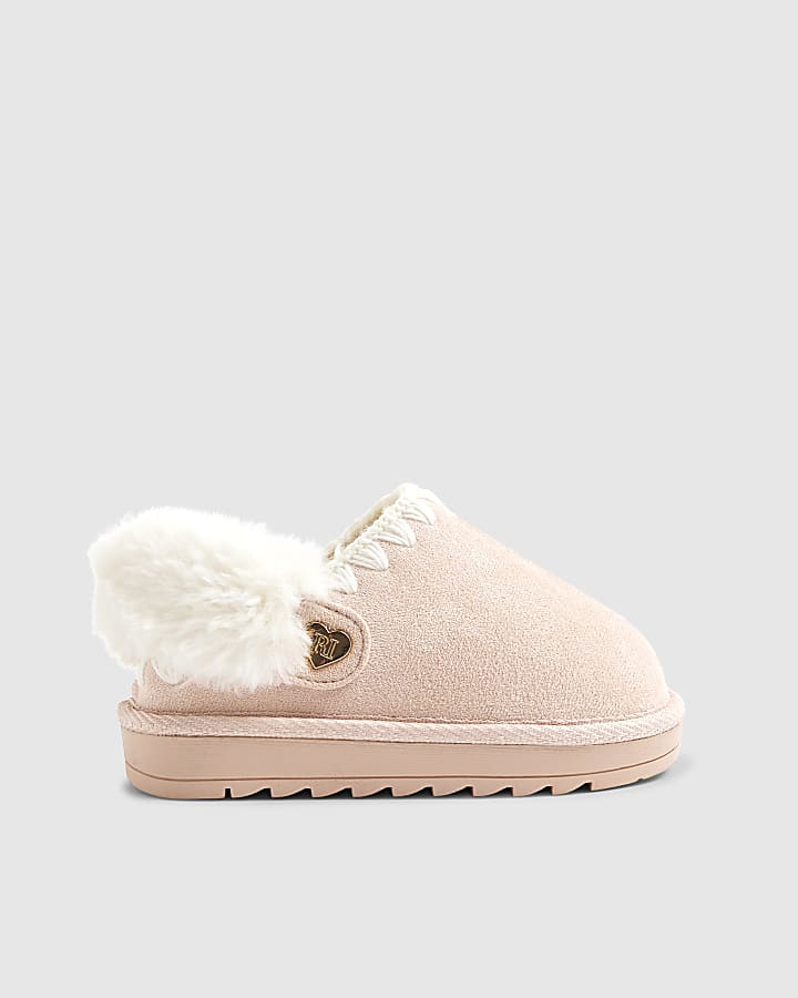 Mini Girls Pink Faux Fur Trim Strap Slippers