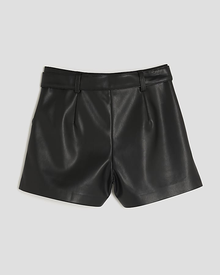Girls Black Faux Leather Belted Shorts