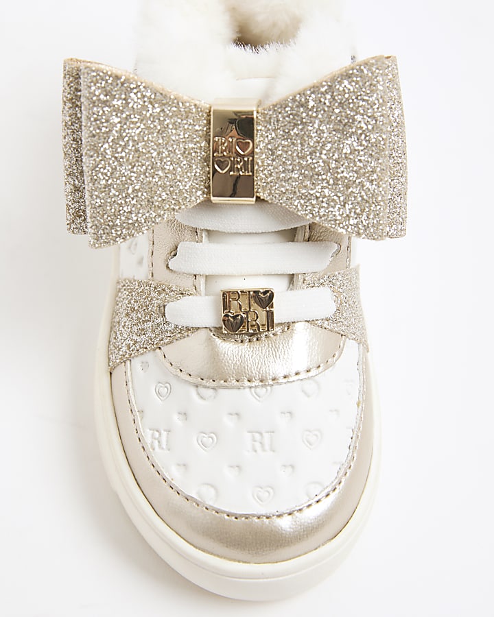 Mini Girls White Faux Fur Lined Bow Trainers