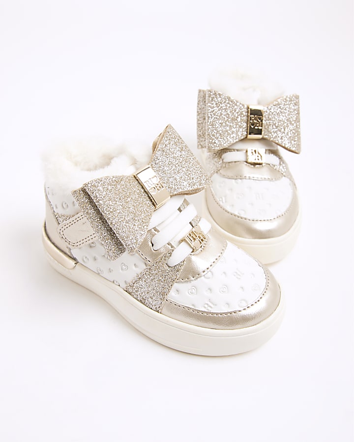 Mini Girls White Faux Fur Lined Bow Trainers