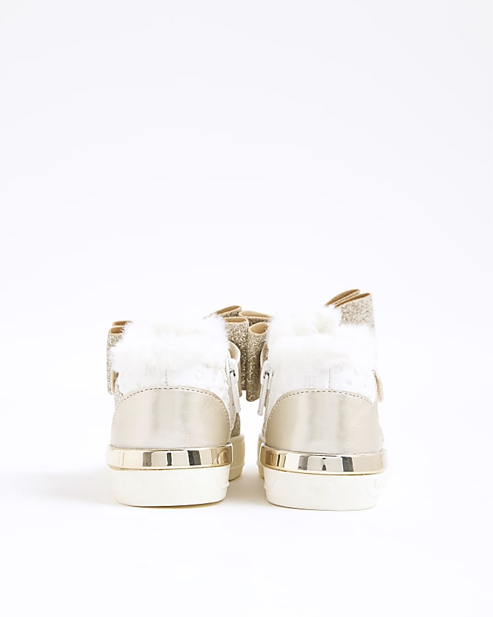 Mini Girls White Faux Fur Lined Bow Trainers