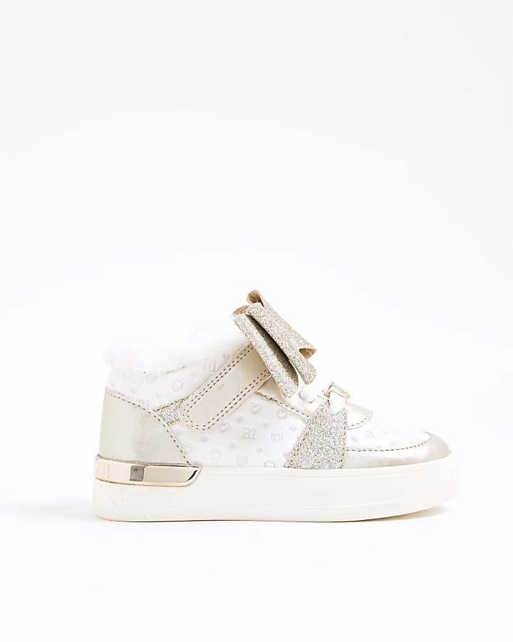 Mini Girls White Faux Fur Lined Bow Trainers