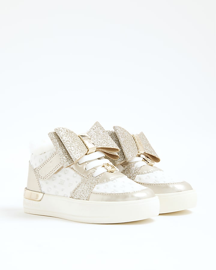 Mini Girls White Faux Fur Lined Bow Trainers
