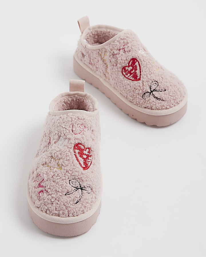 Girls Pink Borg Doodle Slippers