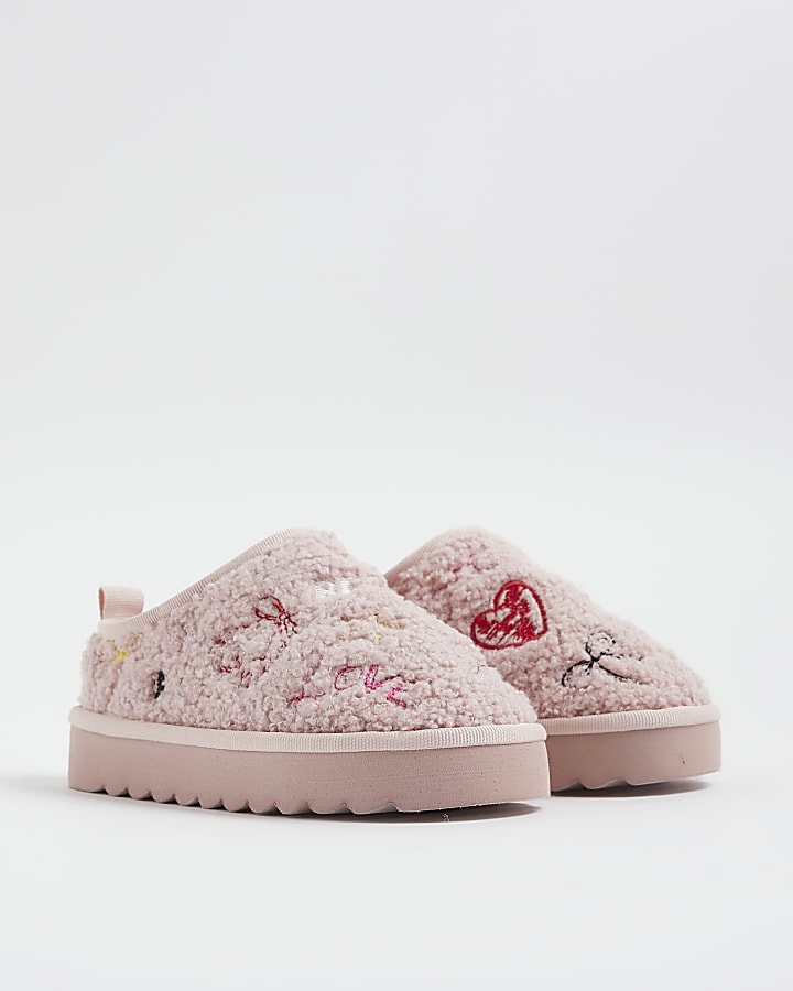 Girls Pink Borg Doodle Slippers
