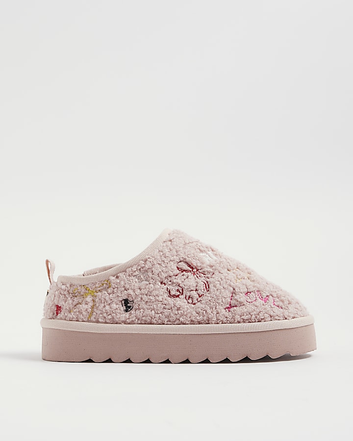 Girls Pink Borg Doodle Slippers
