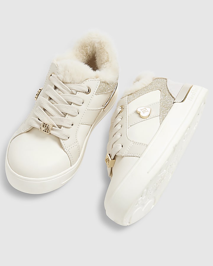 Girls Cream Borg Trainers
