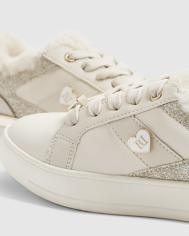 Girls Cream Borg Trainers