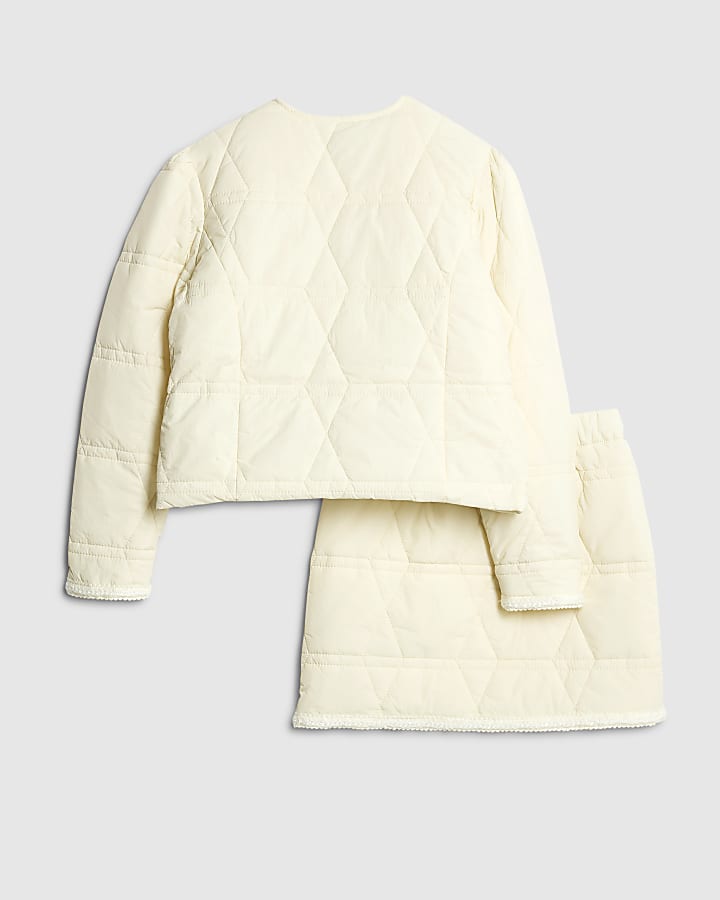 Girls White Quilted Jacket And Skirt Set