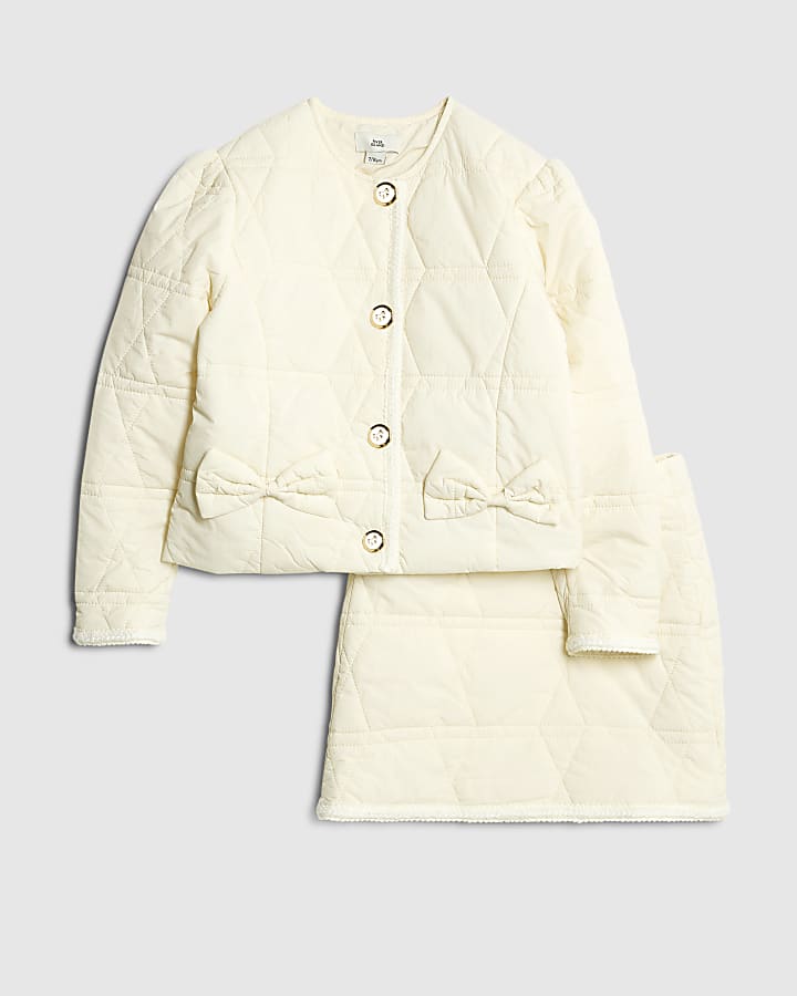 Girls White Quilted Jacket And Skirt Set