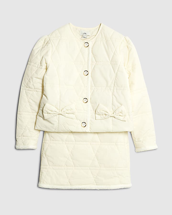 Girls White Quilted Jacket And Skirt Set