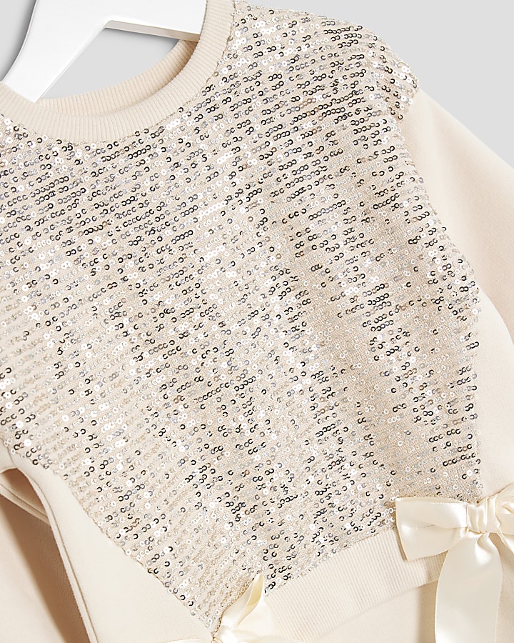 Mini Girls Cream Sequin Sweatshirt Dress