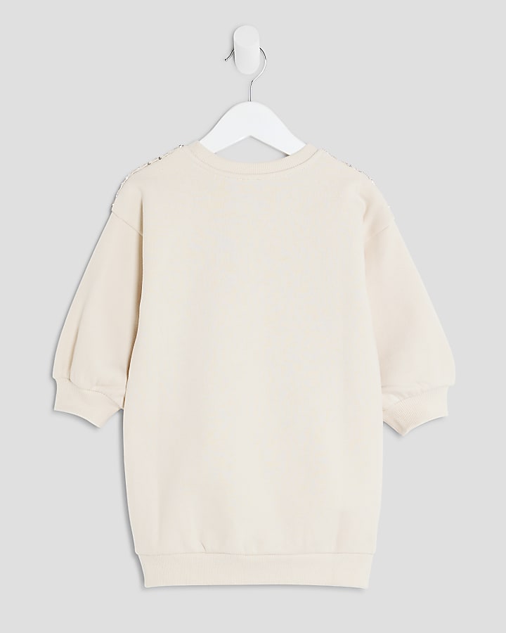 Mini Girls Cream Sequin Sweatshirt Dress