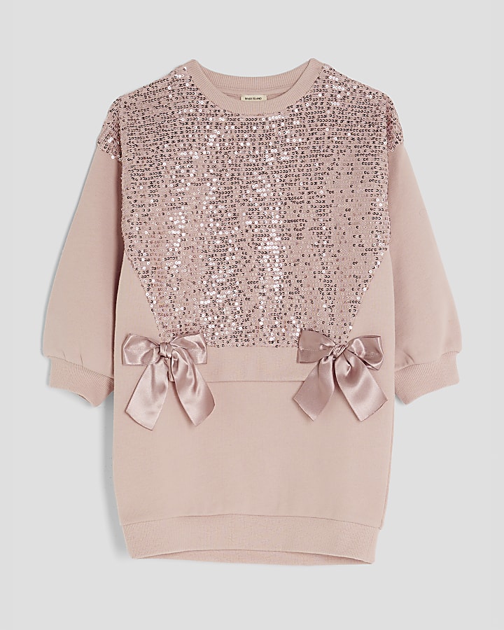Mini Girls Pink Sequin Sweatshirt Dress