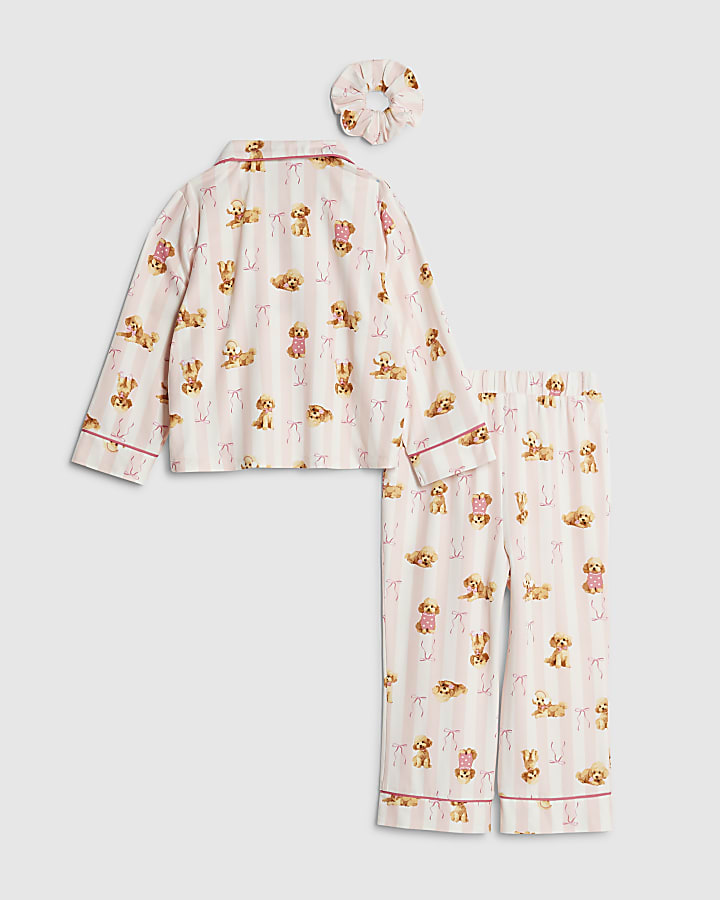 Mini Girls Pink Puppy Stripe Pyjama Set